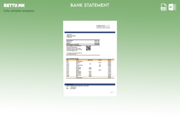модерен стил Шаблон за збор од извод од банкарска изјава Лихтенштајн Валартис